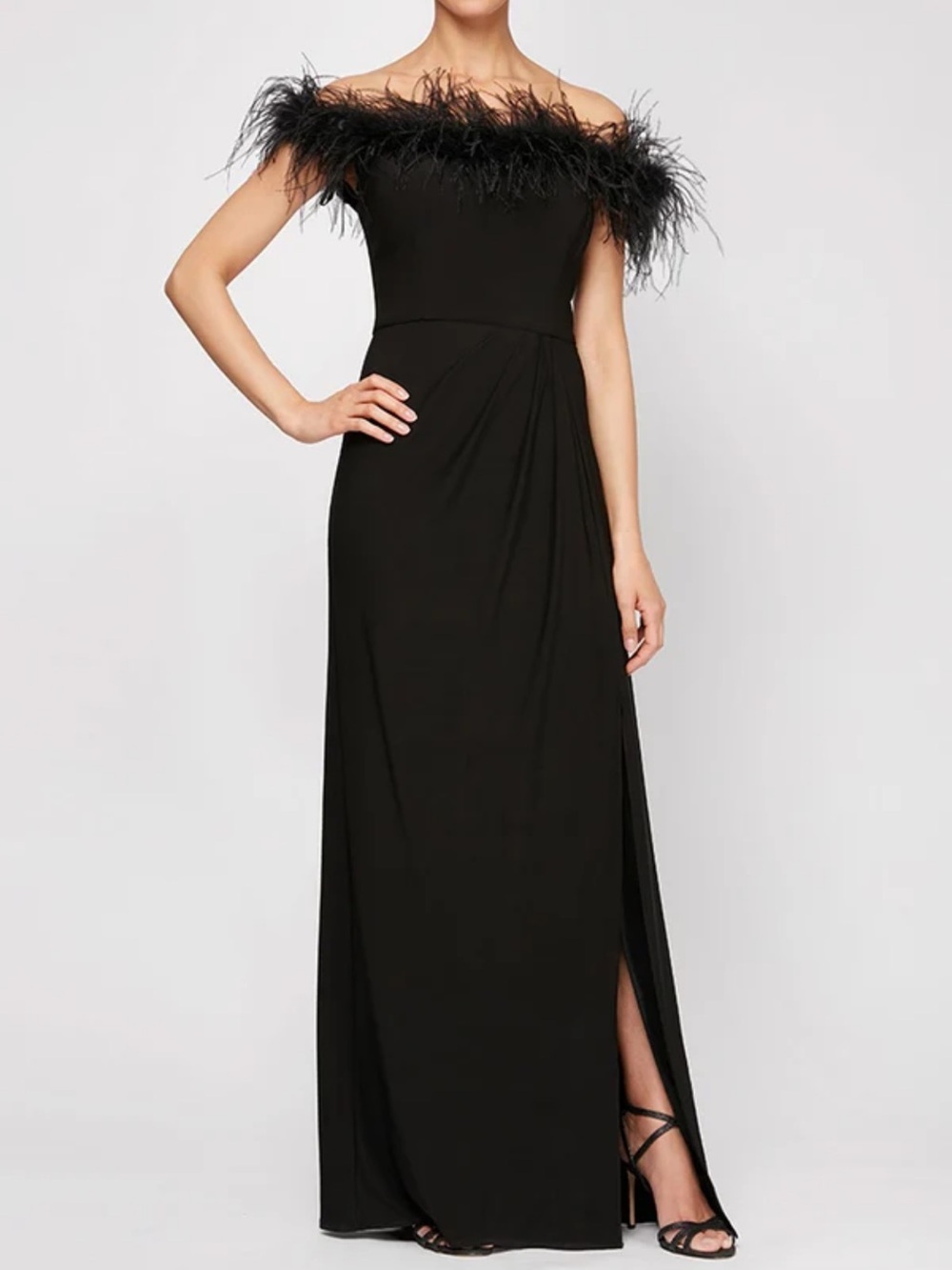 Alex Evenings Gianna Black Off The Shoulder Feather-Trim Evening Gown
